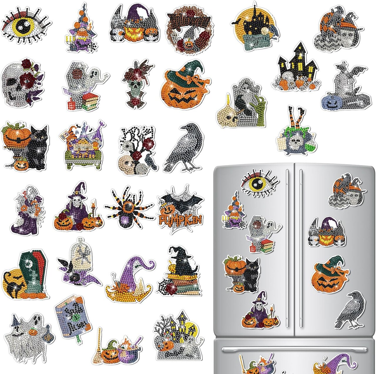30-Piece Halloween Diamond Art Magnets Kits – DIY Skull, Ghost, Pumpkin, Crow & Spider Diamond Painting Fridge Magnets, Beginner-Friendly, Holiday Home Decor
